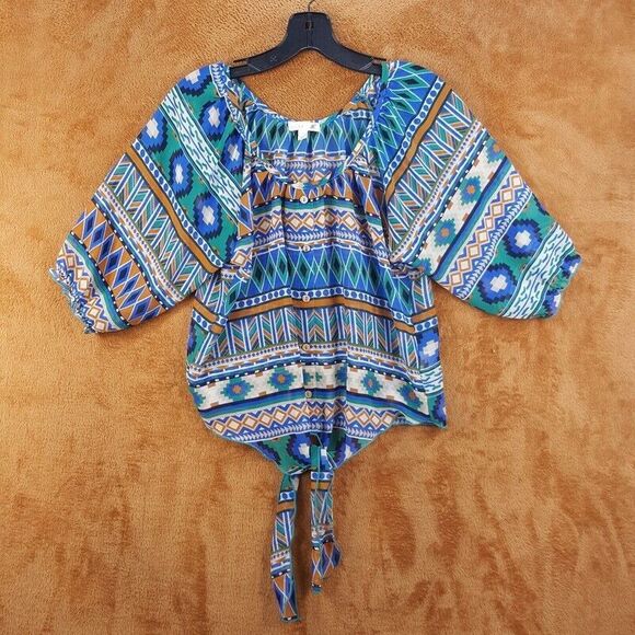MINE Womens Top Small Blue Pullover Tie Bottom Lightweight Blouse Aztec - Picture 1 of 8